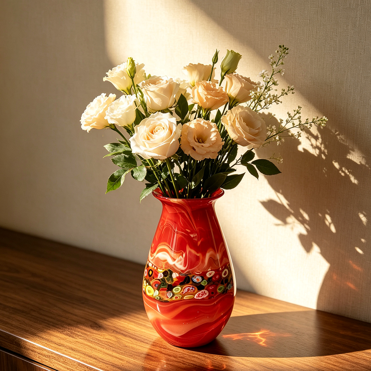 Vintage Red Millefiori Glass Vase 12.2" | Hand Blown Swirl Retro Decor Vase Gift