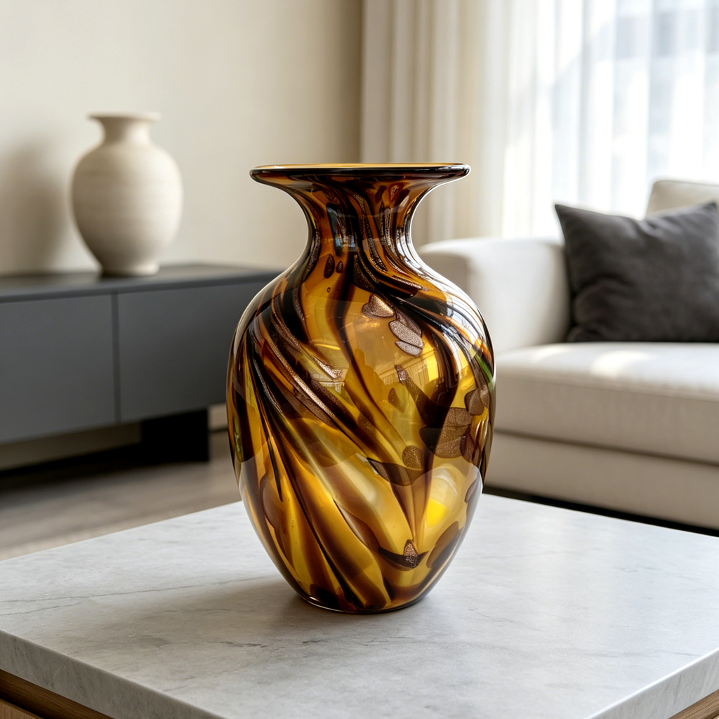 Vintage Murano Style Amber Art Glass Vase