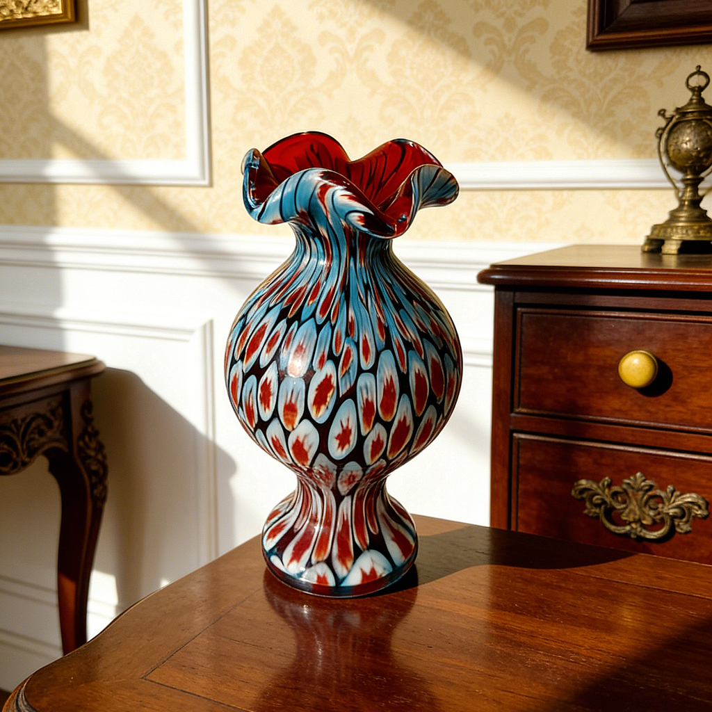 Hand-Blown Millefiori Art Glass Vase – Red, Turquoise & White Floral Patterns, Sculptural Ruffled Rim, Unique Artisan Home Decor