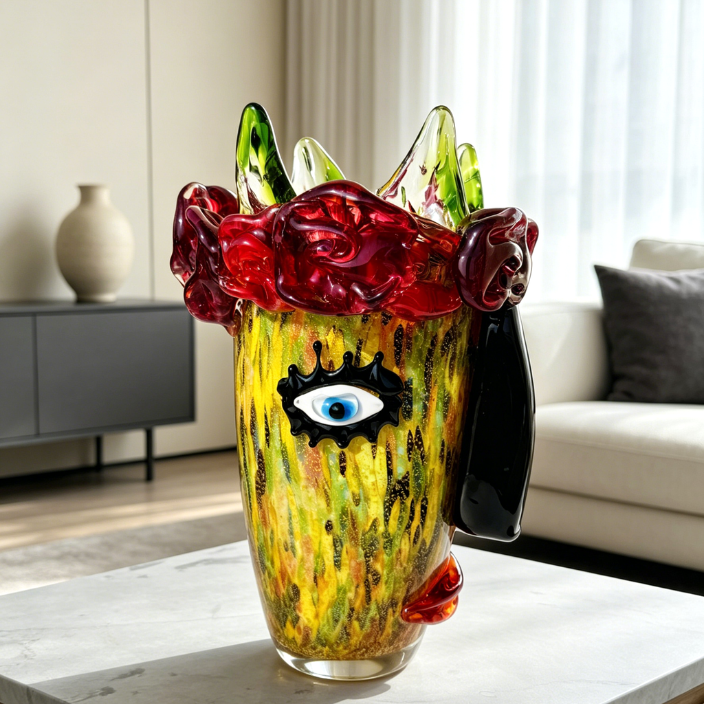 Murano Style Art Glass Face Vase with Red Roses, Silver Foil Finish & Colorful Sculptural Details