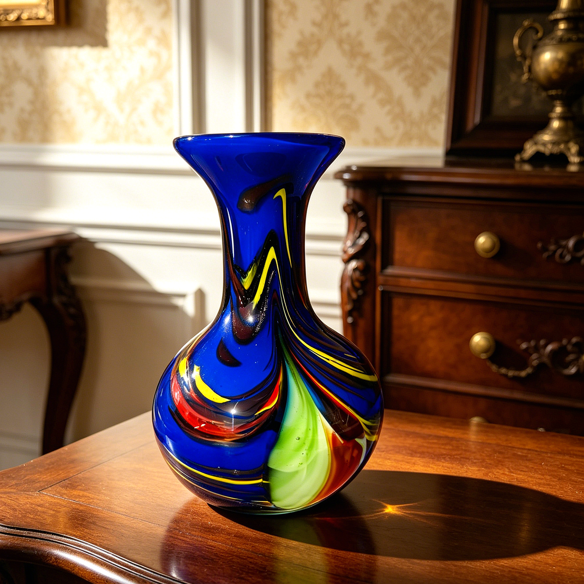 Vintage Murano-Style Art Glass Vase, Multicolor Swirl Decorative Bud Vase, 6.7" Tall