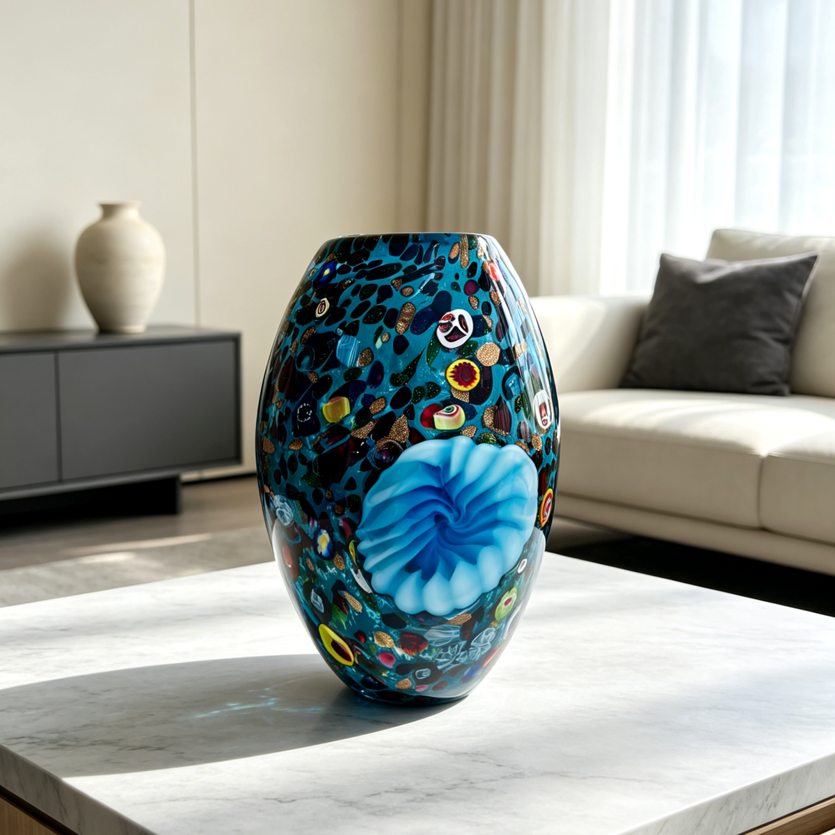 Blue Millefiori Art Glass Vase with Sculptural Floral Accent, 9.8-Inch