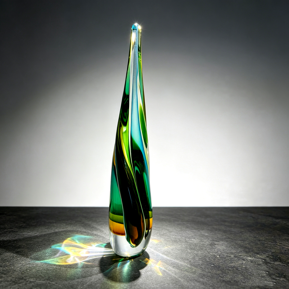 Handmade Sommerso Teardrop Glass Sculpture 13" | Twist Edge Refractive Table Decor Gift