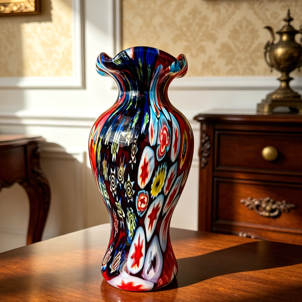 Vintage Murano Style Millefiori Glass Vase, Multicolor Art Glass Bud Vase, 20cm Decorative Statement Piece