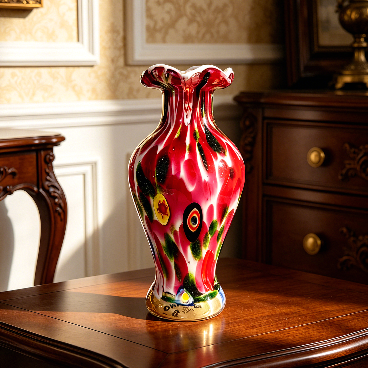 Vintage Murano Style Millefiori Glass Vase, 8-Inch Colorful Art Glass Flower Vase, Retro Handcrafted Look Home Decor
