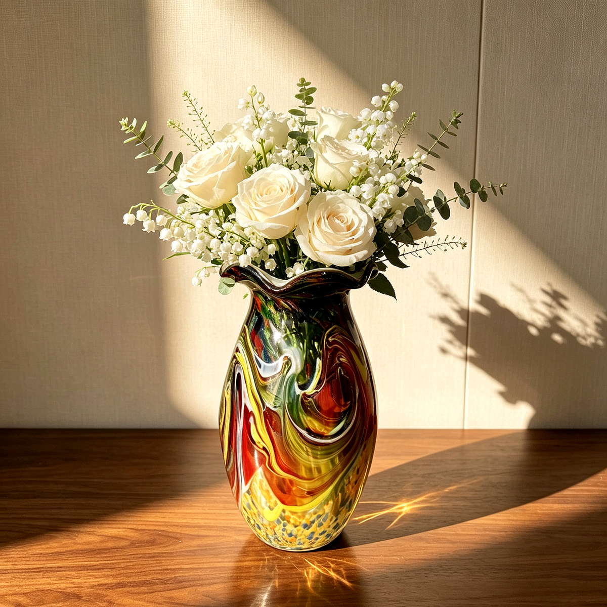 Hand-Blown Vintage Multicolor Art Glass Vase – Swirl Pattern, Ruffled Rim, One-of-a-Kind Retro Decor