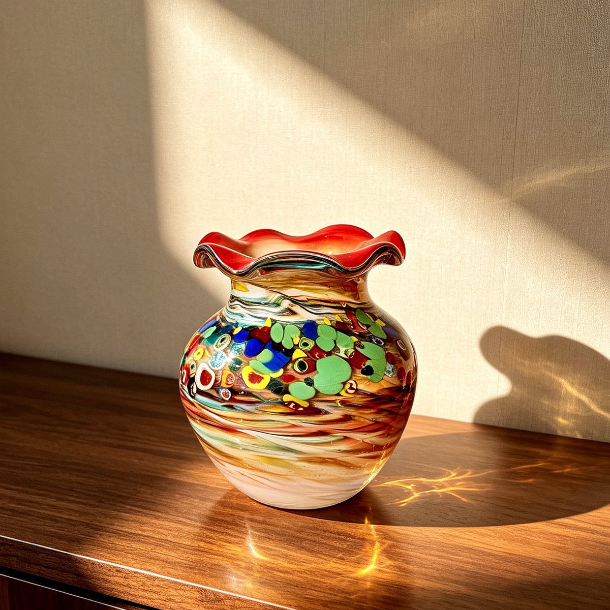 Vintage Millefiori Red Rim Glass Vase 9.1" | Hand Blown Ruffled Retro Decor Vase
