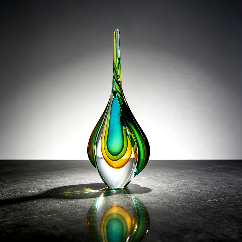 Handmade Sommerso Teardrop Glass Sculpture 13" | Twist Edge Refractive Table Decor Gift