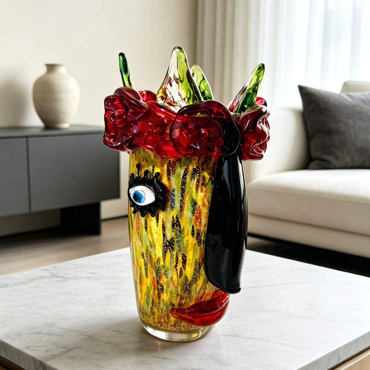 Murano Style Art Glass Face Vase with Red Roses, Silver Foil Finish & Colorful Sculptural Details