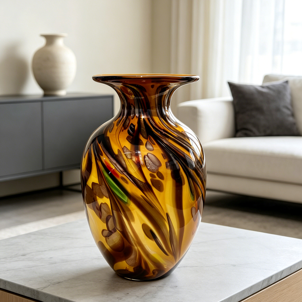 Vintage Murano Style Amber Art Glass Vase