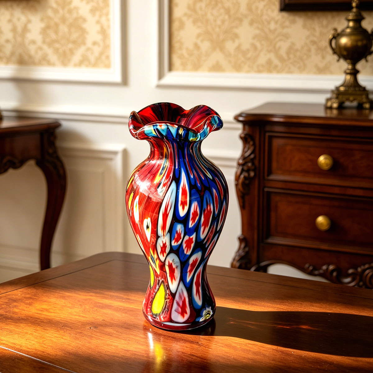 Vintage Murano Style Millefiori Glass Vase, Multicolor Art Glass Bud Vase, 20cm Decorative Statement Piece