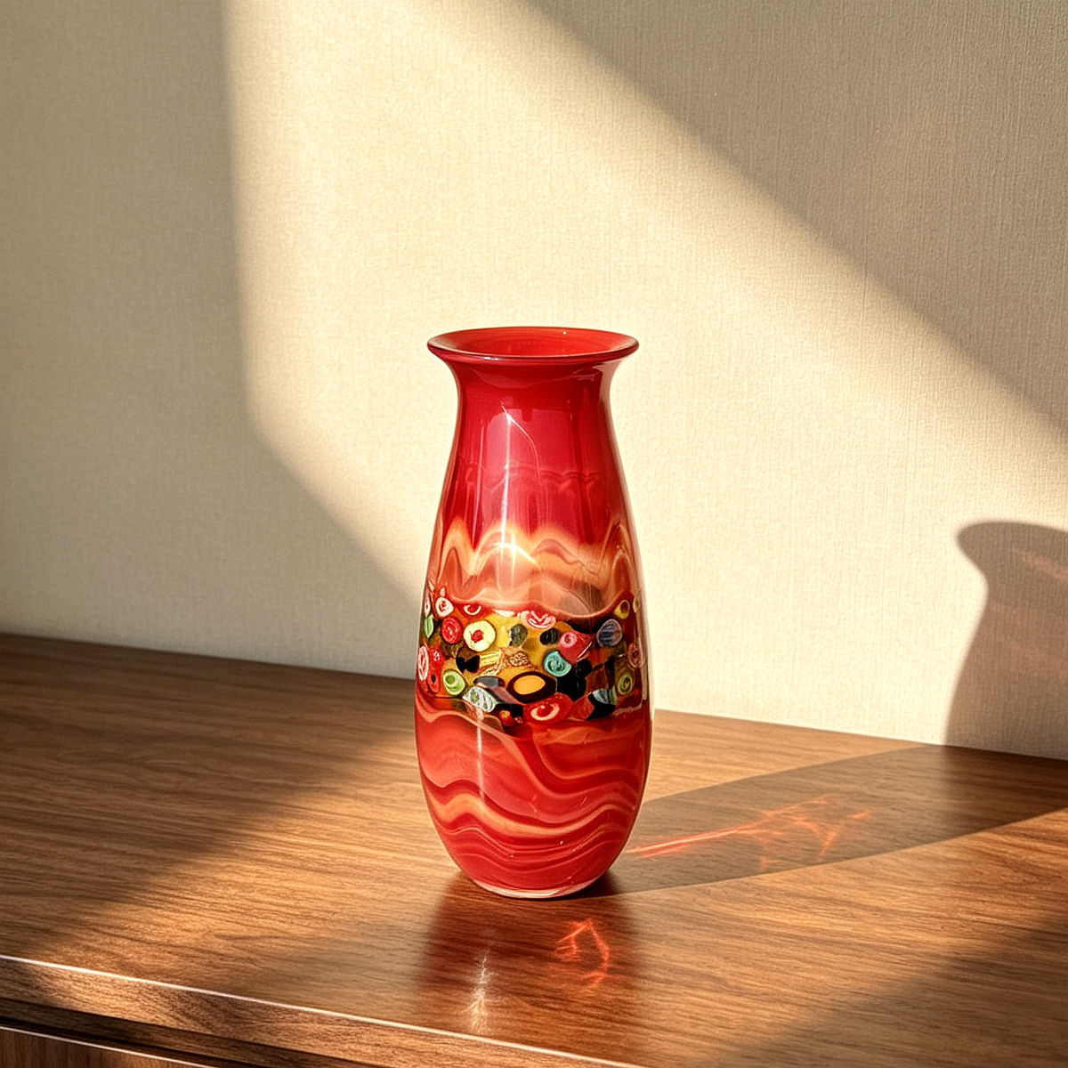 Vintage Red Millefiori Glass Vase 12.2" | Hand Blown Swirl Retro Decor Vase Gift