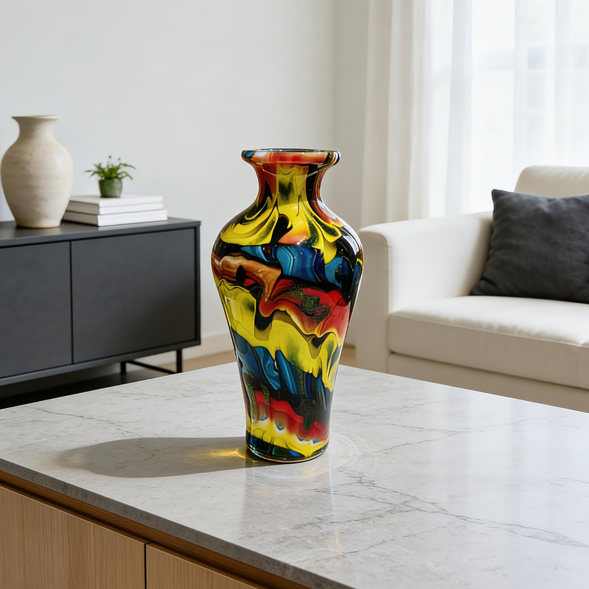 Murano Style Multicolor Art Glass Vase, Blue Yellow Red Swirl Decorative Vase