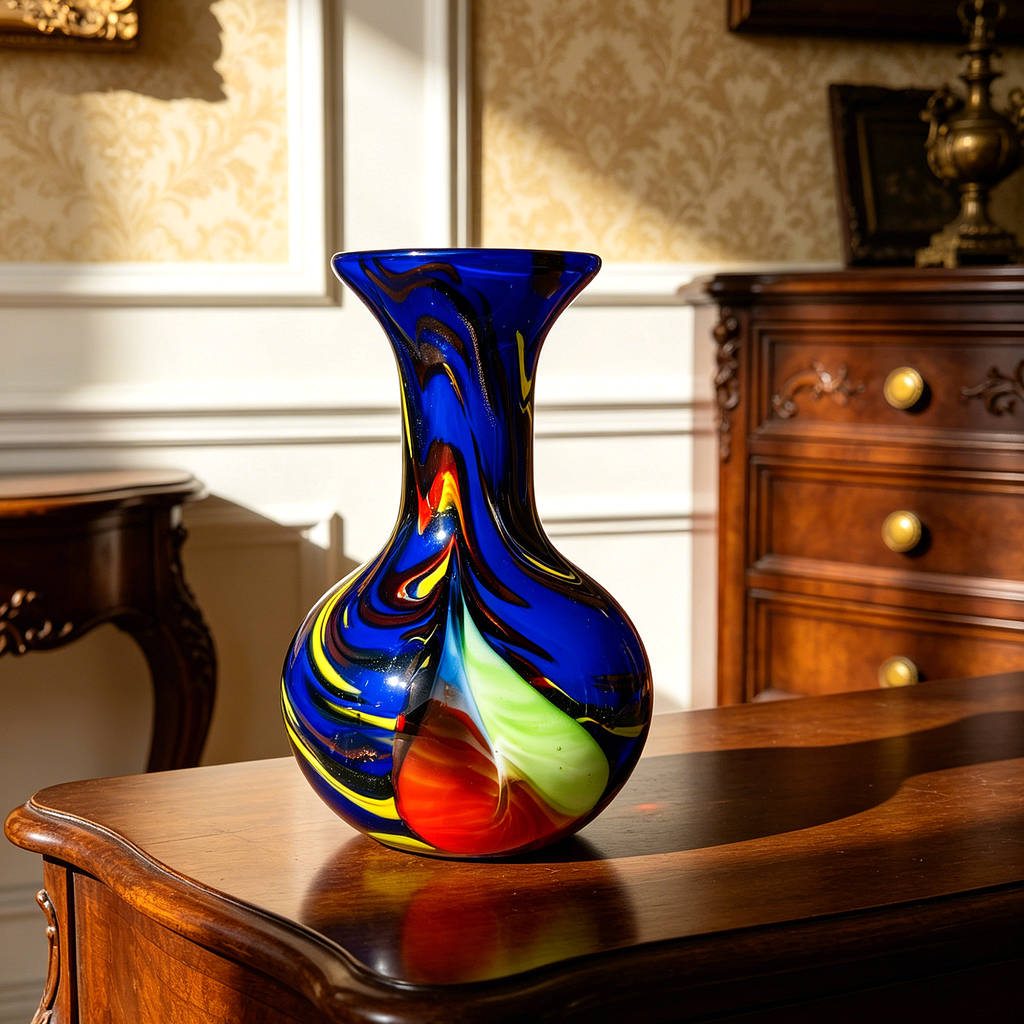 Vintage Murano-Style Art Glass Vase, Multicolor Swirl Decorative Bud Vase, 6.7" Tall