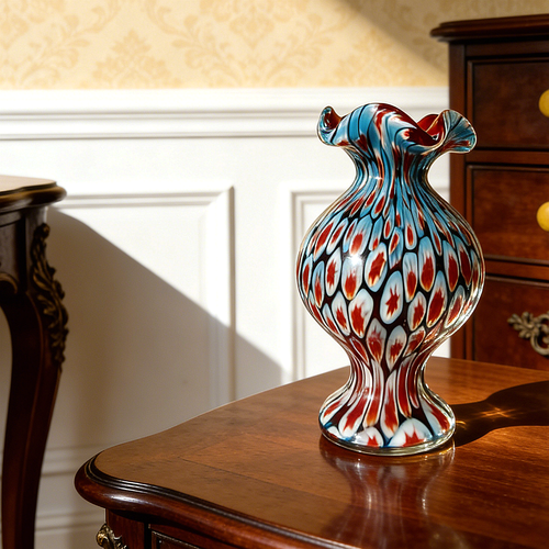 Hand-Blown Millefiori Art Glass Vase – Red, Turquoise & White Floral Patterns, Sculptural Ruffled Rim, Unique Artisan Home Decor