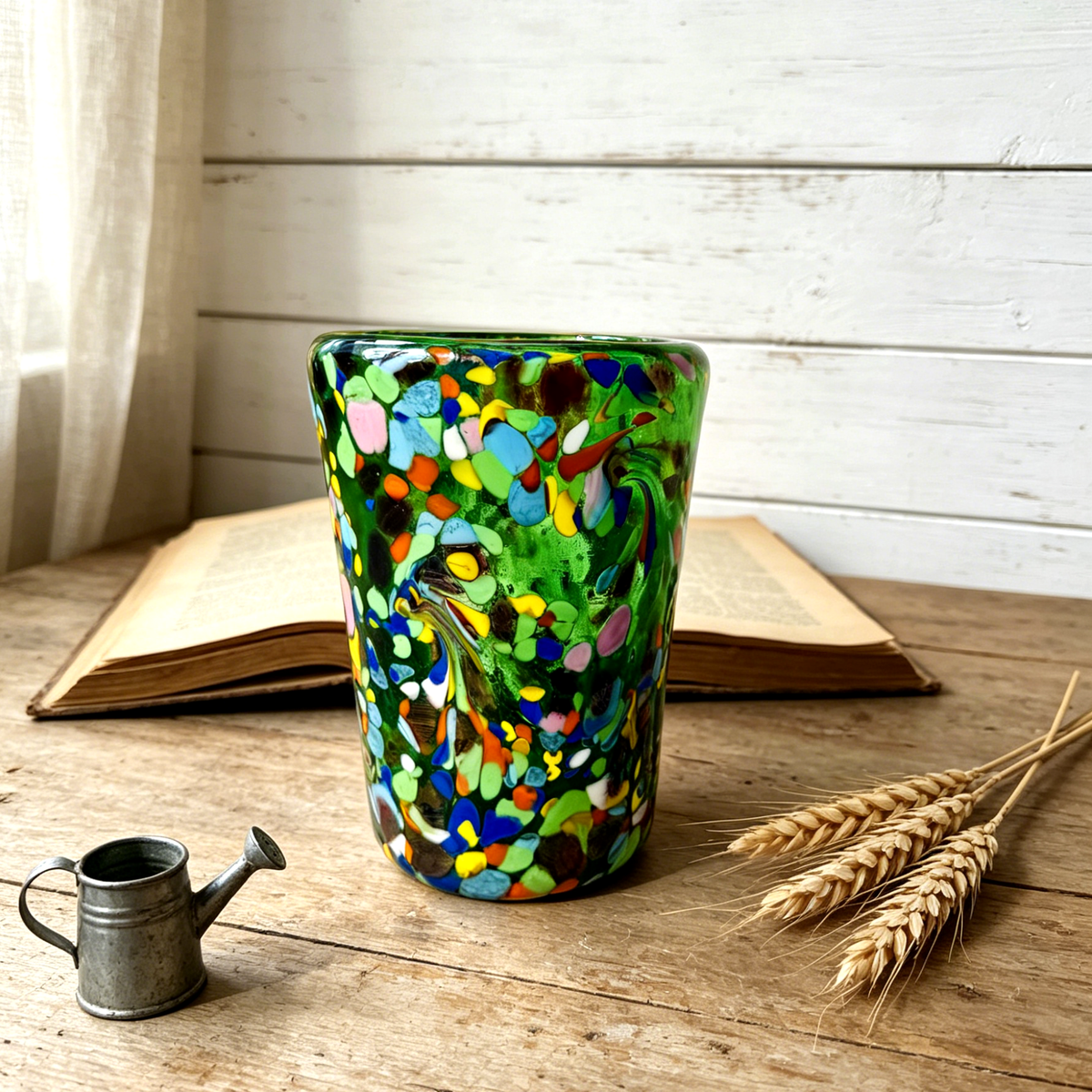 Murano Style Multicolor Art Glass Tumbler, Green Decorative Drinking Glass