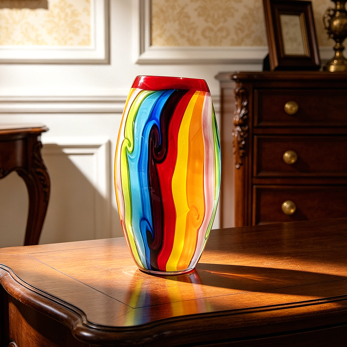 Hand Blown Murano Style Double Layer Rainbow Glass Vase 7 Inch, Red Interior Colorful Swirl Art Glass, Unique Small Table Decor Gift