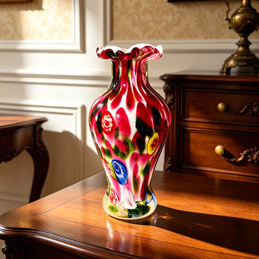 Vintage Murano Style Millefiori Glass Vase, 8-Inch Colorful Art Glass Flower Vase, Retro Handcrafted Look Home Decor
