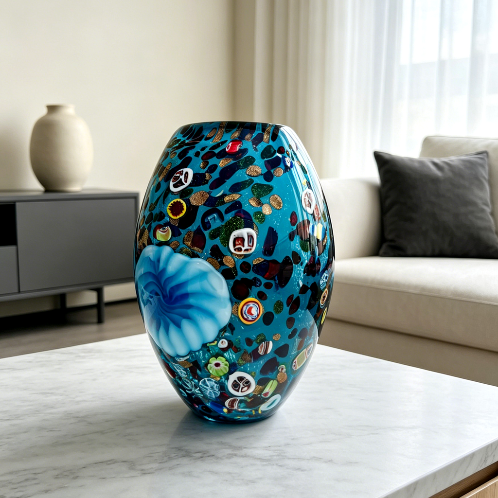 Blue Millefiori Art Glass Vase with Sculptural Floral Accent, 9.8-Inch