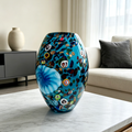 Blue Millefiori Art Glass Vase with Sculptural Floral Accent, 9.8-Inch