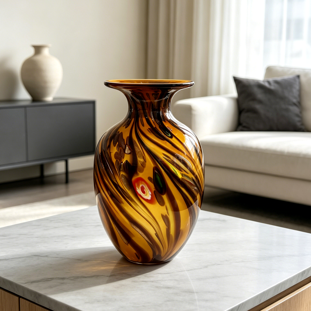 Vintage Murano Style Amber Art Glass Vase