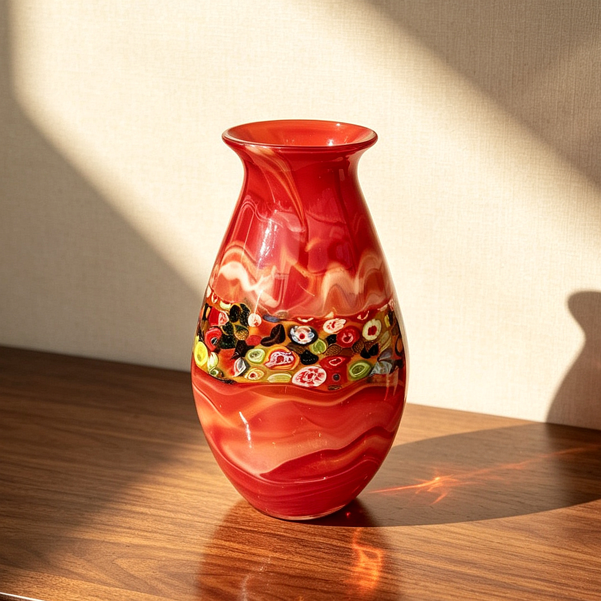 Vintage Red Millefiori Glass Vase 12.2" | Hand Blown Swirl Retro Decor Vase Gift