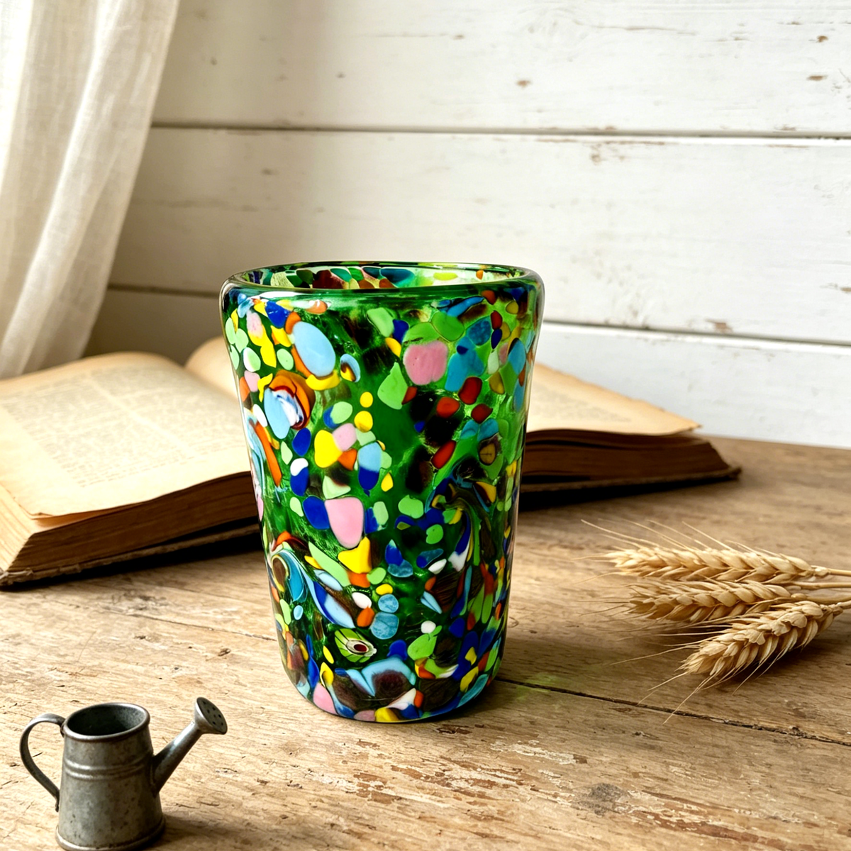 Murano Style Multicolor Art Glass Tumbler, Green Decorative Drinking Glass