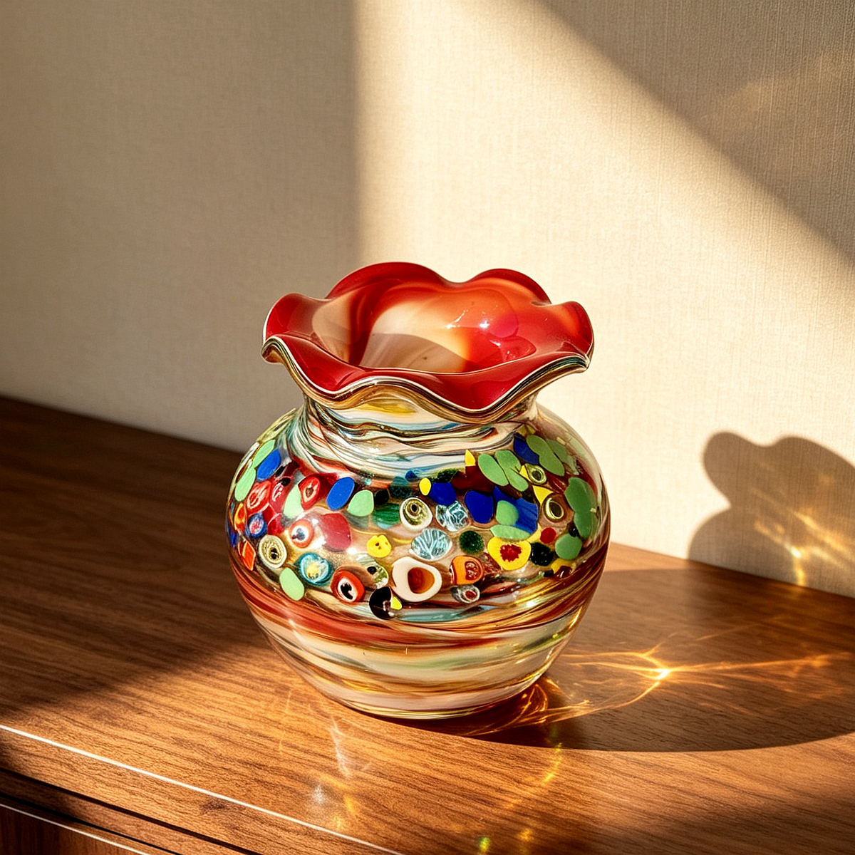 Vintage Millefiori Red Rim Glass Vase 9.1" | Hand Blown Ruffled Retro Decor Vase