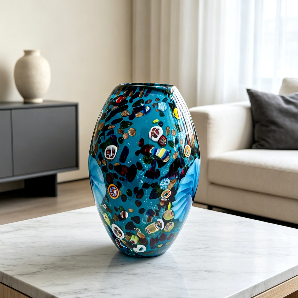 Blue Millefiori Art Glass Vase with Sculptural Floral Accent, 9.8-Inch