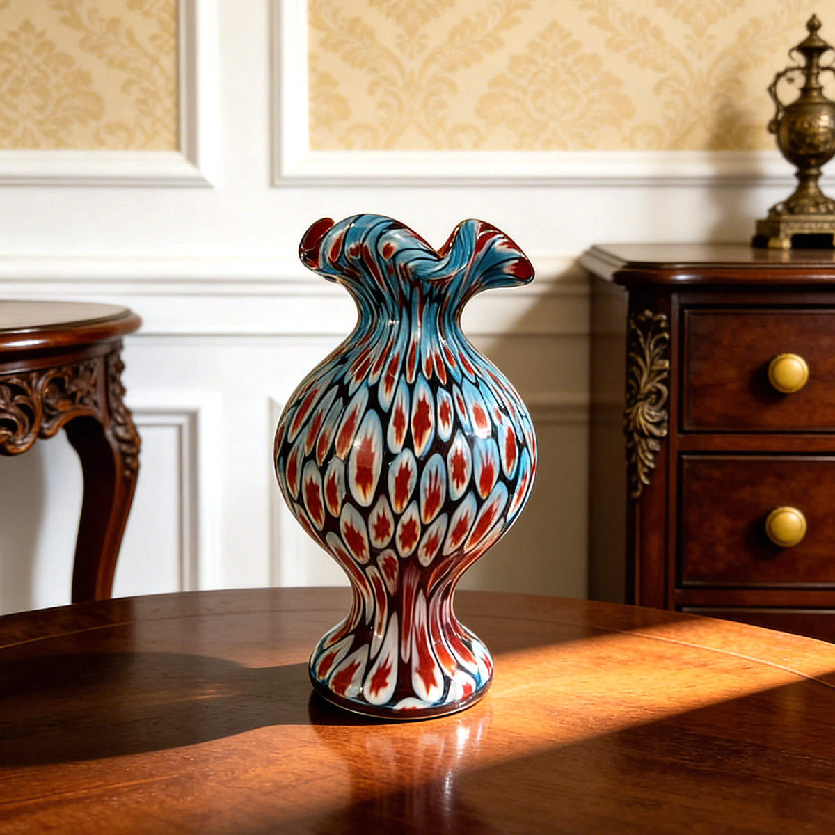 Hand-Blown Millefiori Art Glass Vase – Red, Turquoise & White Floral Patterns, Sculptural Ruffled Rim, Unique Artisan Home Decor