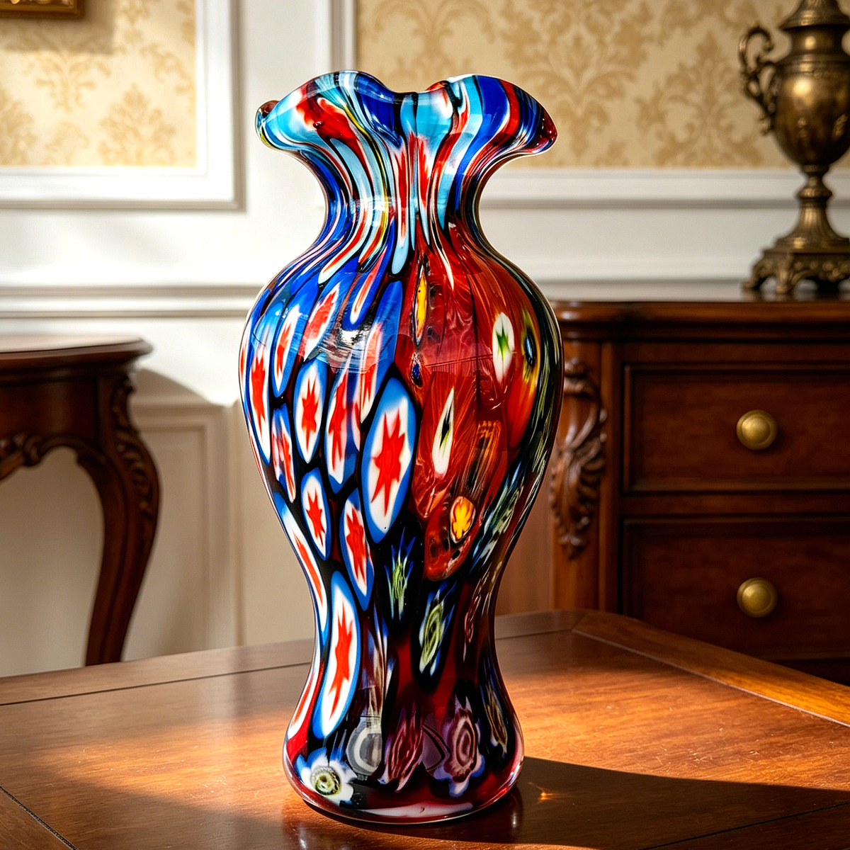 Vintage Murano Style Millefiori Glass Vase, Multicolor Art Glass Bud Vase, 20cm Decorative Statement Piece