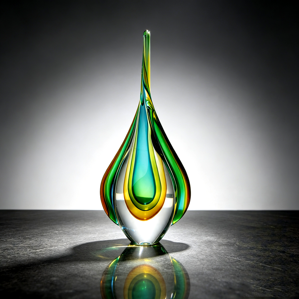 Handmade Sommerso Teardrop Glass Sculpture 13" | Twist Edge Refractive Table Decor Gift