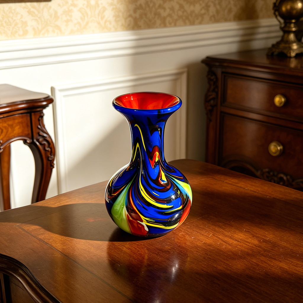 Vintage Murano-Style Art Glass Vase, Multicolor Swirl Decorative Bud Vase, 6.7" Tall