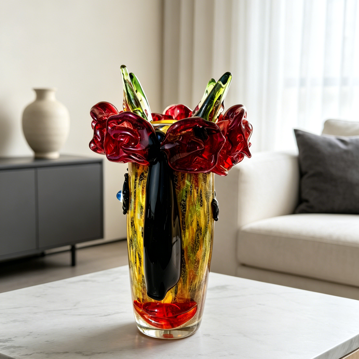 Murano Style Art Glass Face Vase with Red Roses, Silver Foil Finish & Colorful Sculptural Details