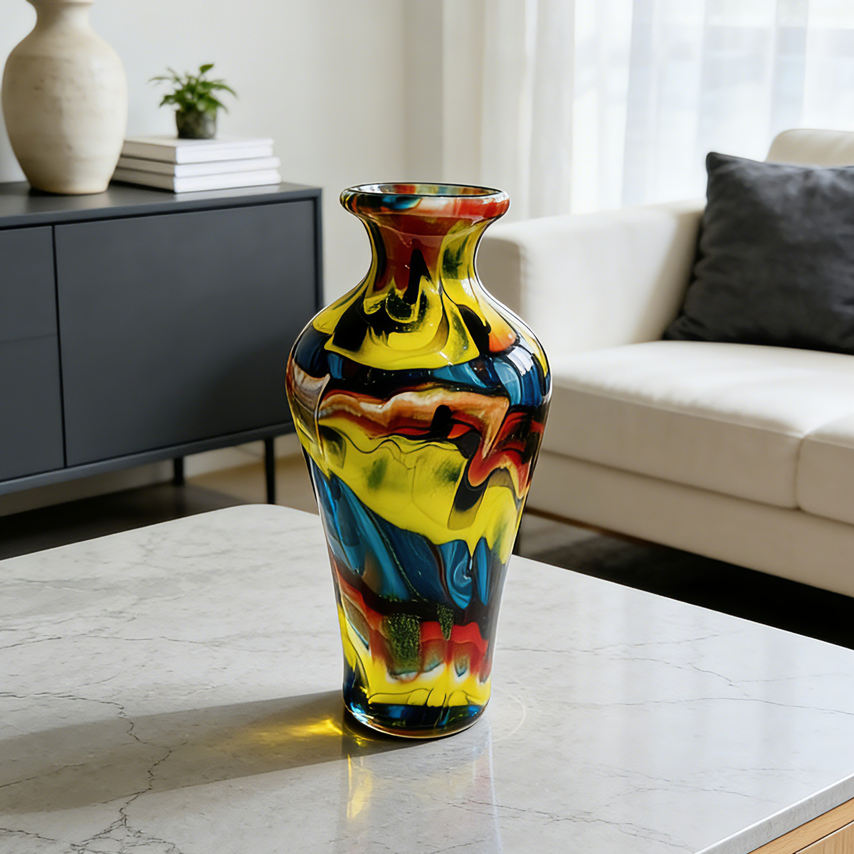 Murano Style Multicolor Art Glass Vase, Blue Yellow Red Swirl Decorative Vase