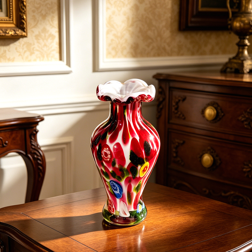 Vintage Murano Style Millefiori Glass Vase, 8-Inch Colorful Art Glass Flower Vase, Retro Handcrafted Look Home Decor