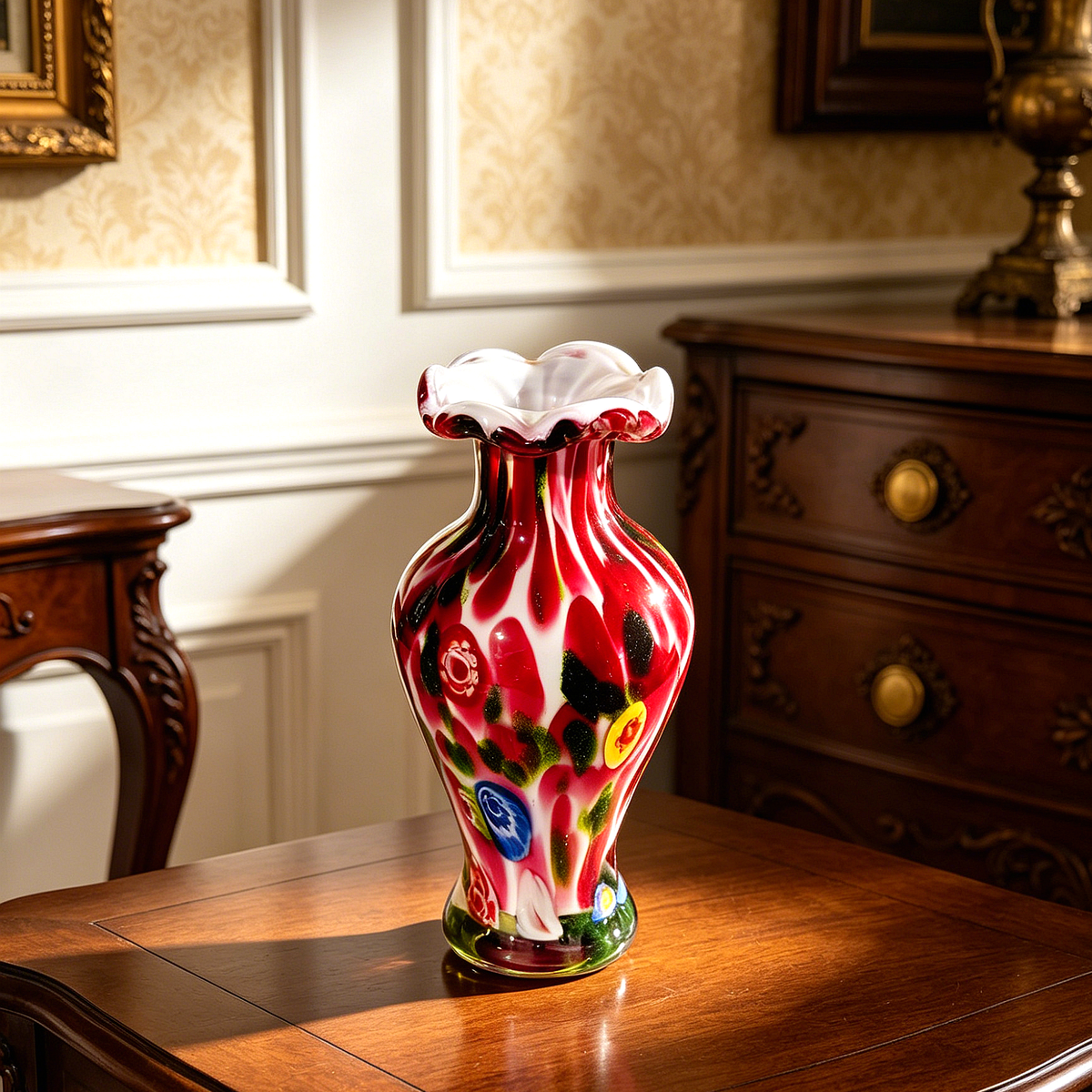 Vintage Murano Style Millefiori Glass Vase, 8-Inch Colorful Art Glass Flower Vase, Retro Handcrafted Look Home Decor