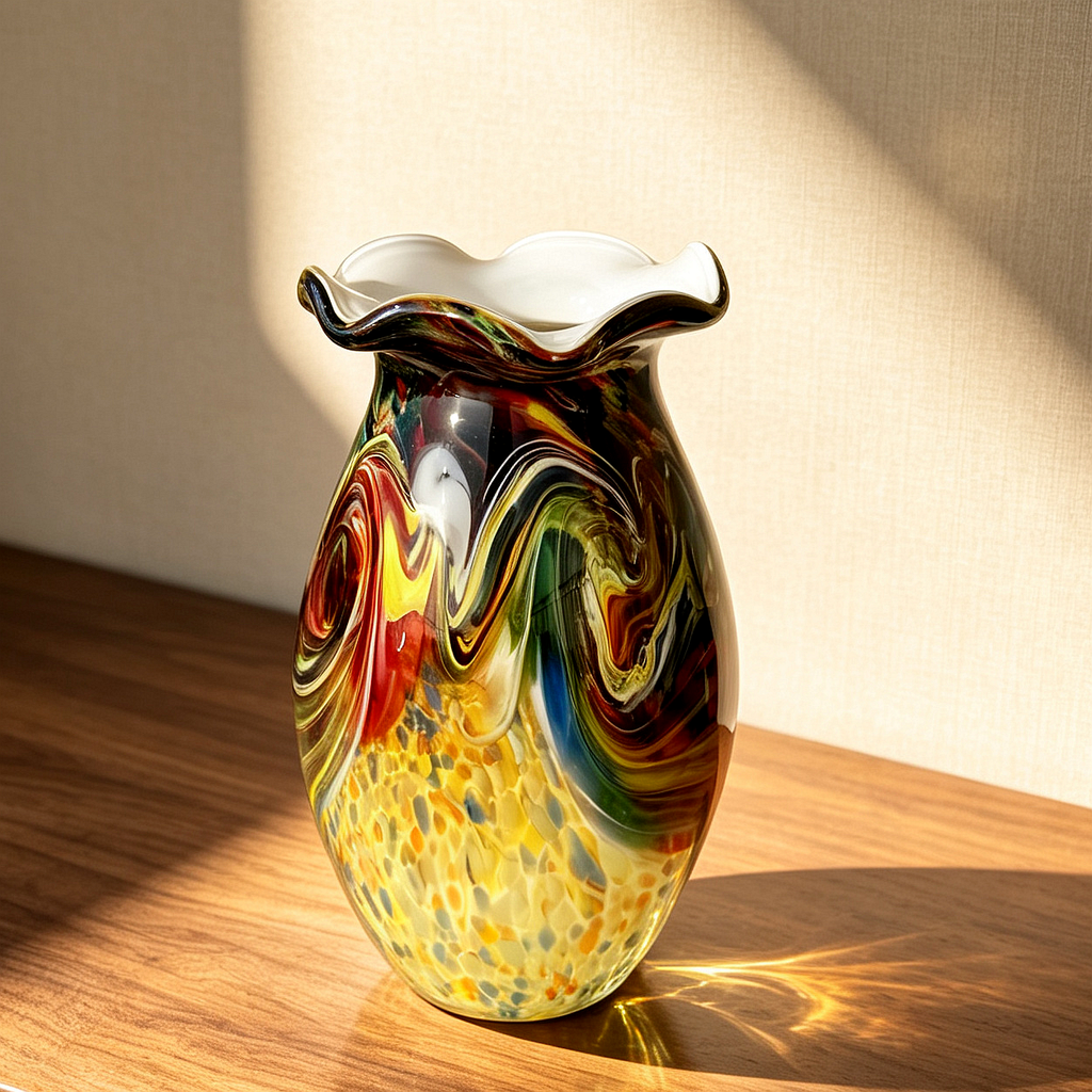 Hand-Blown Vintage Multicolor Art Glass Vase – Swirl Pattern, Ruffled Rim, One-of-a-Kind Retro Decor