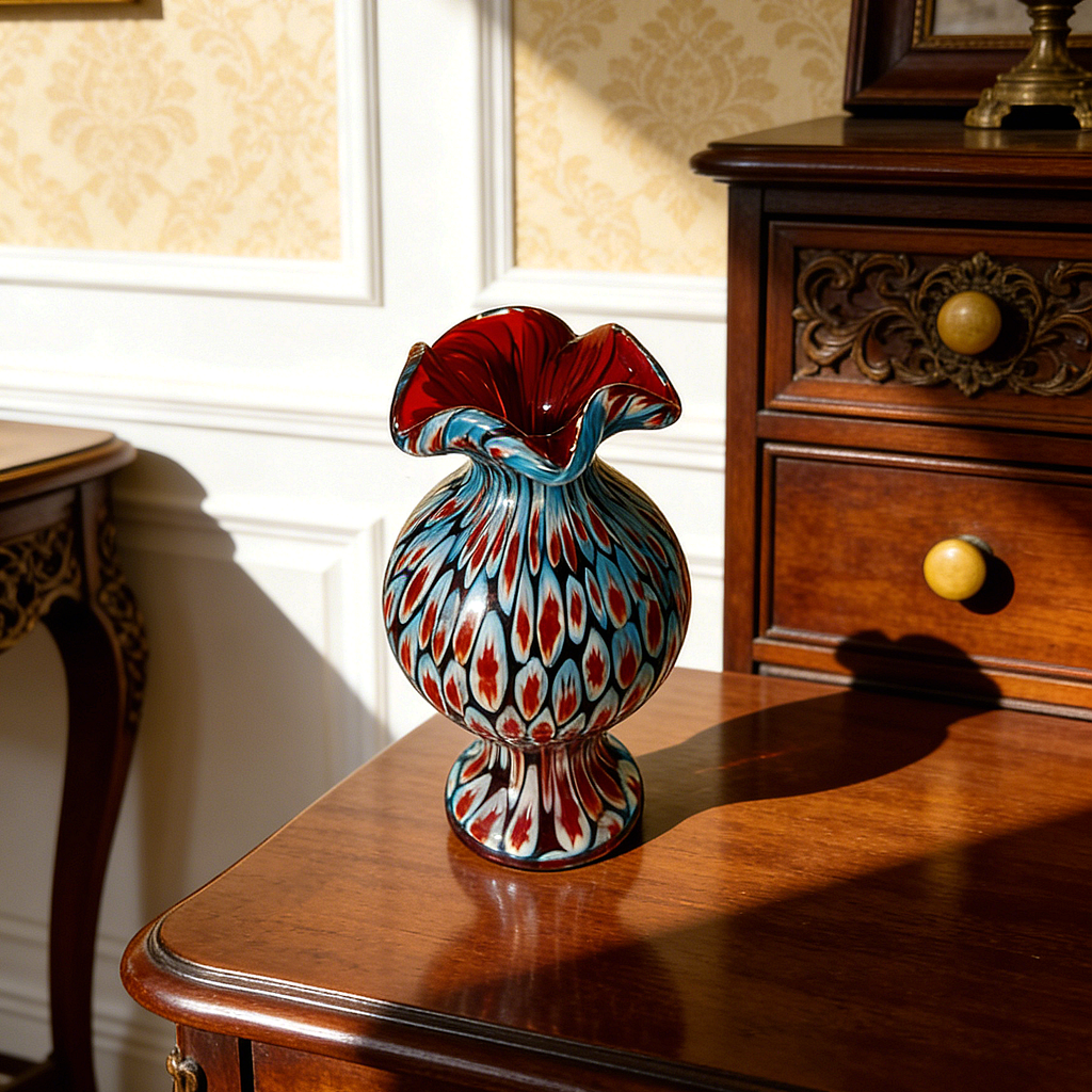 Hand-Blown Millefiori Art Glass Vase – Red, Turquoise & White Floral Patterns, Sculptural Ruffled Rim, Unique Artisan Home Decor