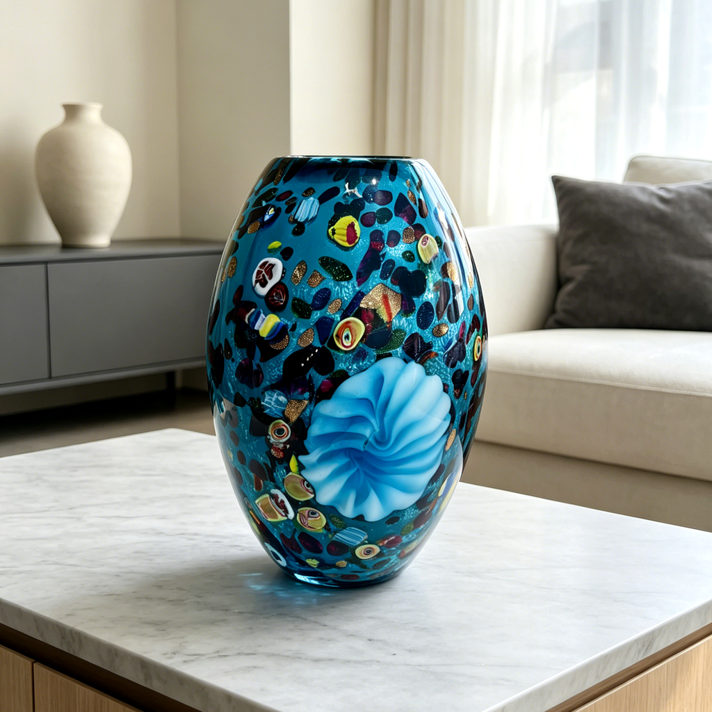 Blue Millefiori Art Glass Vase with Sculptural Floral Accent, 9.8-Inch