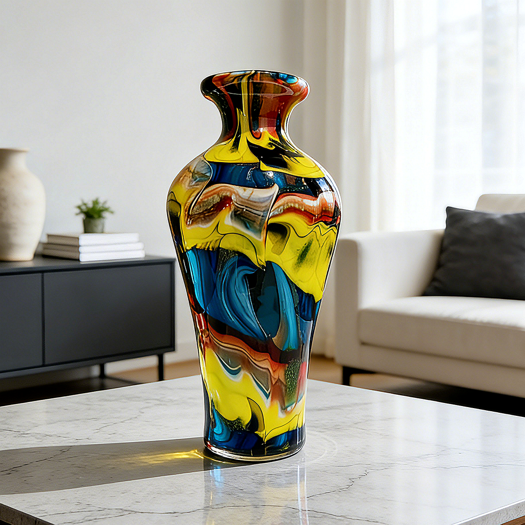 Murano Style Multicolor Art Glass Vase, Blue Yellow Red Swirl Decorative Vase