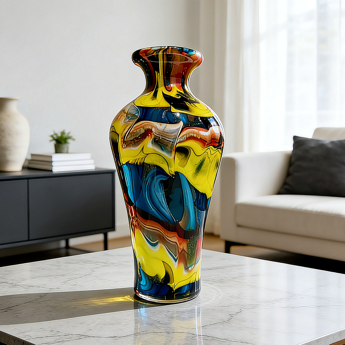 Murano Style Multicolor Art Glass Vase, Blue Yellow Red Swirl Decorative Vase