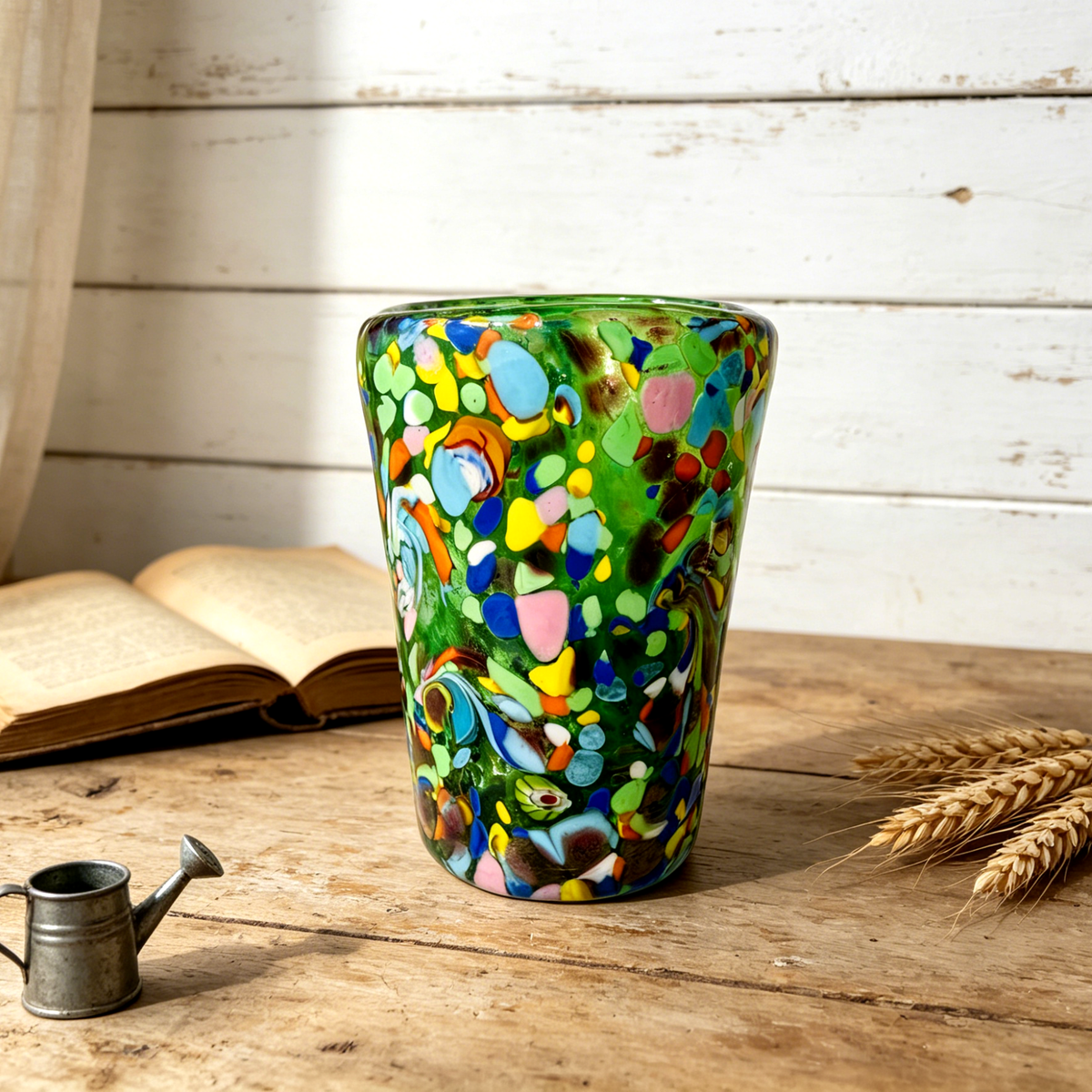 Murano Style Multicolor Art Glass Tumbler, Green Decorative Drinking Glass