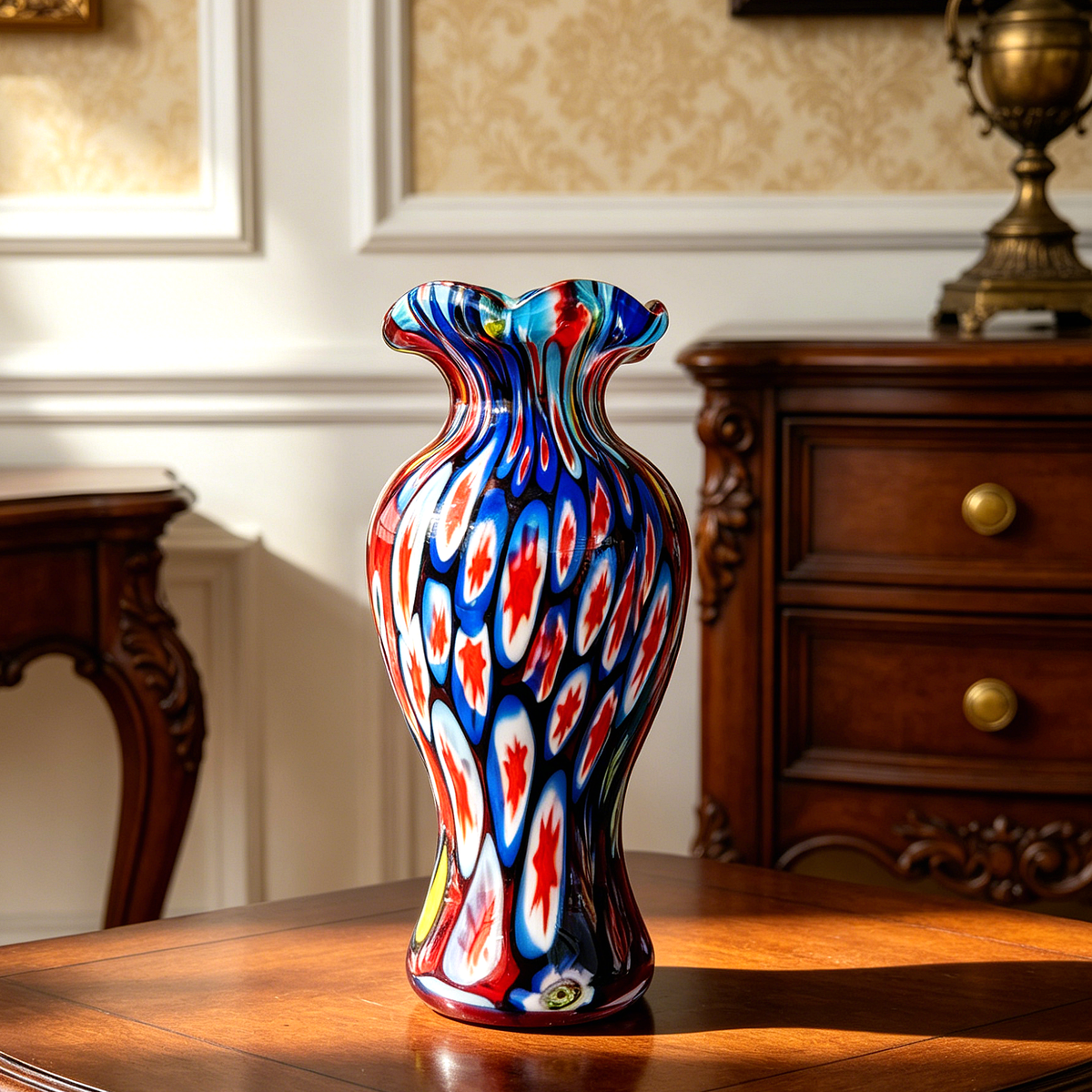 Vintage Murano Style Millefiori Glass Vase, Multicolor Art Glass Bud Vase, 20cm Decorative Statement Piece