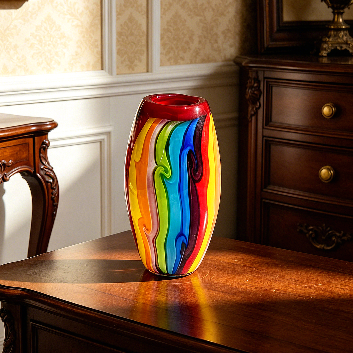 Hand Blown Murano Style Double Layer Rainbow Glass Vase 7 Inch, Red Interior Colorful Swirl Art Glass, Unique Small Table Decor Gift