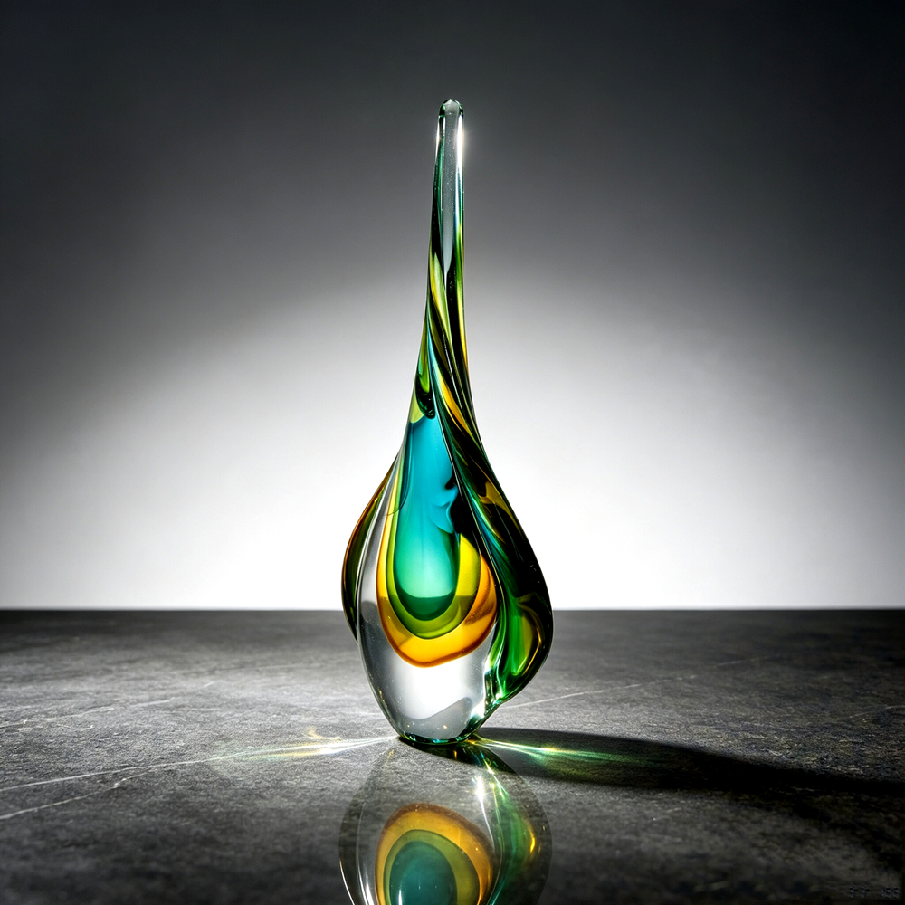 Handmade Sommerso Teardrop Glass Sculpture 13" | Twist Edge Refractive Table Decor Gift