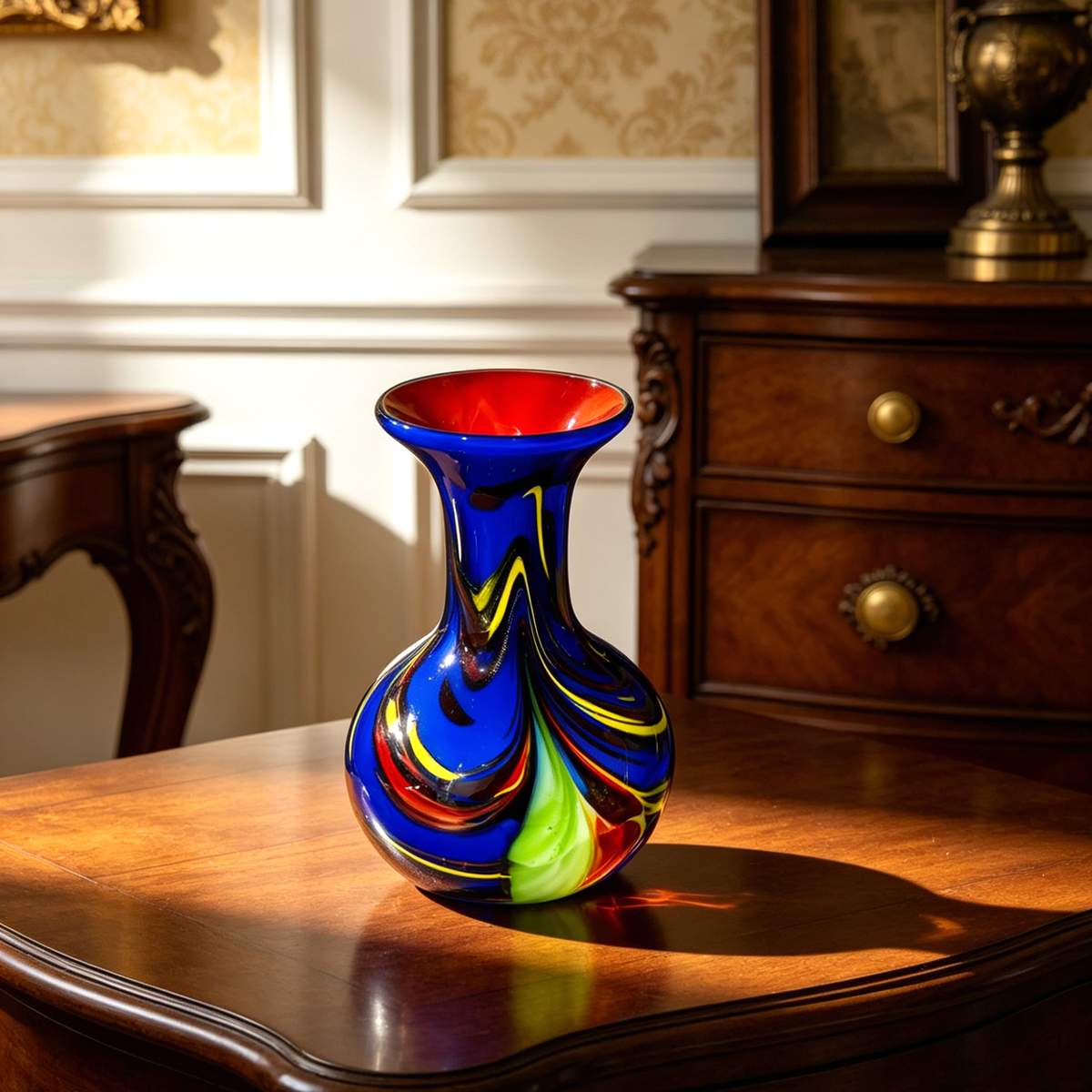Vintage Murano-Style Art Glass Vase, Multicolor Swirl Decorative Bud Vase, 6.7" Tall