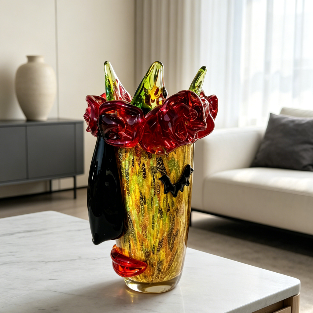 Murano Style Art Glass Face Vase with Red Roses, Silver Foil Finish & Colorful Sculptural Details