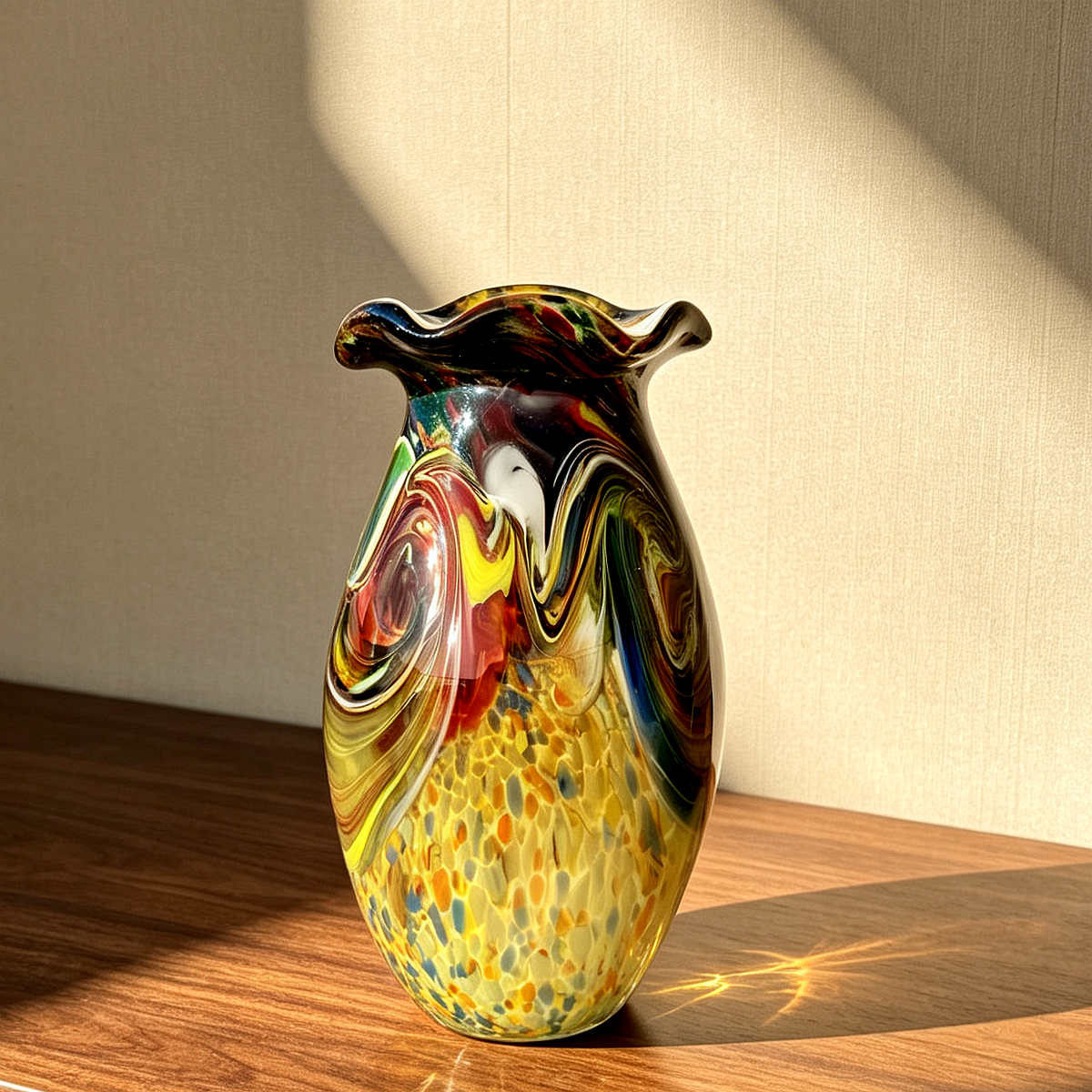 Hand-Blown Vintage Multicolor Art Glass Vase – Swirl Pattern, Ruffled Rim, One-of-a-Kind Retro Decor