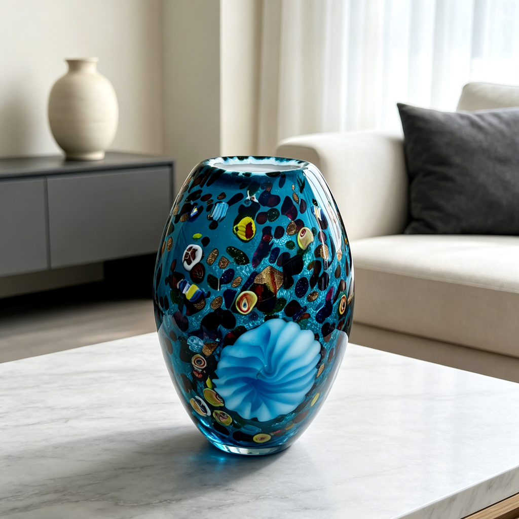 Blue Millefiori Art Glass Vase with Sculptural Floral Accent, 9.8-Inch